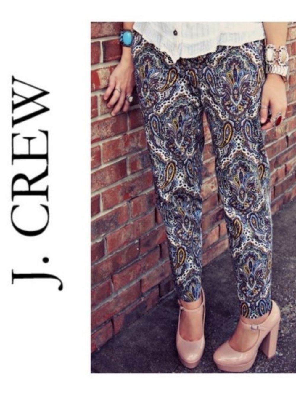 J. Crew City Fit Paisley Stretch Ankle Trouser in Brown Blue Yellow - Size 6